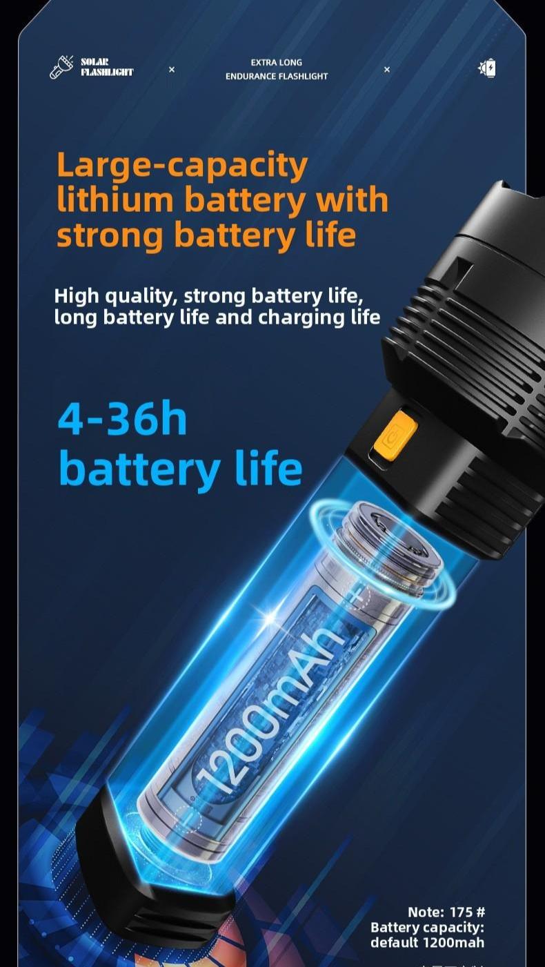 Solar Powered Flashlight, High Brightness Long Range Rechargeable Portable Torch, Concentrated Light for Camping Hiking Emergency