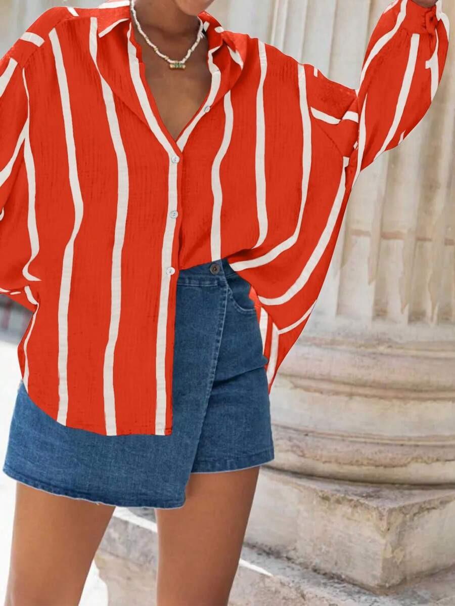 2026 European and American autumn and winter new long-sleeved button-up cardigan women's striped shirt women's vintage striped