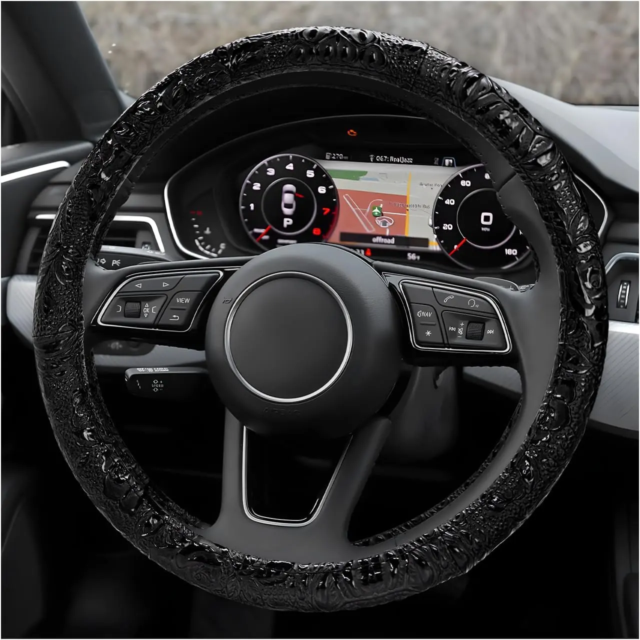 Leather Car Steering Wheel Cover, 15" Crocodile Pattern Anti Slip Car Wheel Wrap with Rose Grain, Four Seasons Universal Auto Steering Wheel Protector for Cars Trucks SUVs (Black)