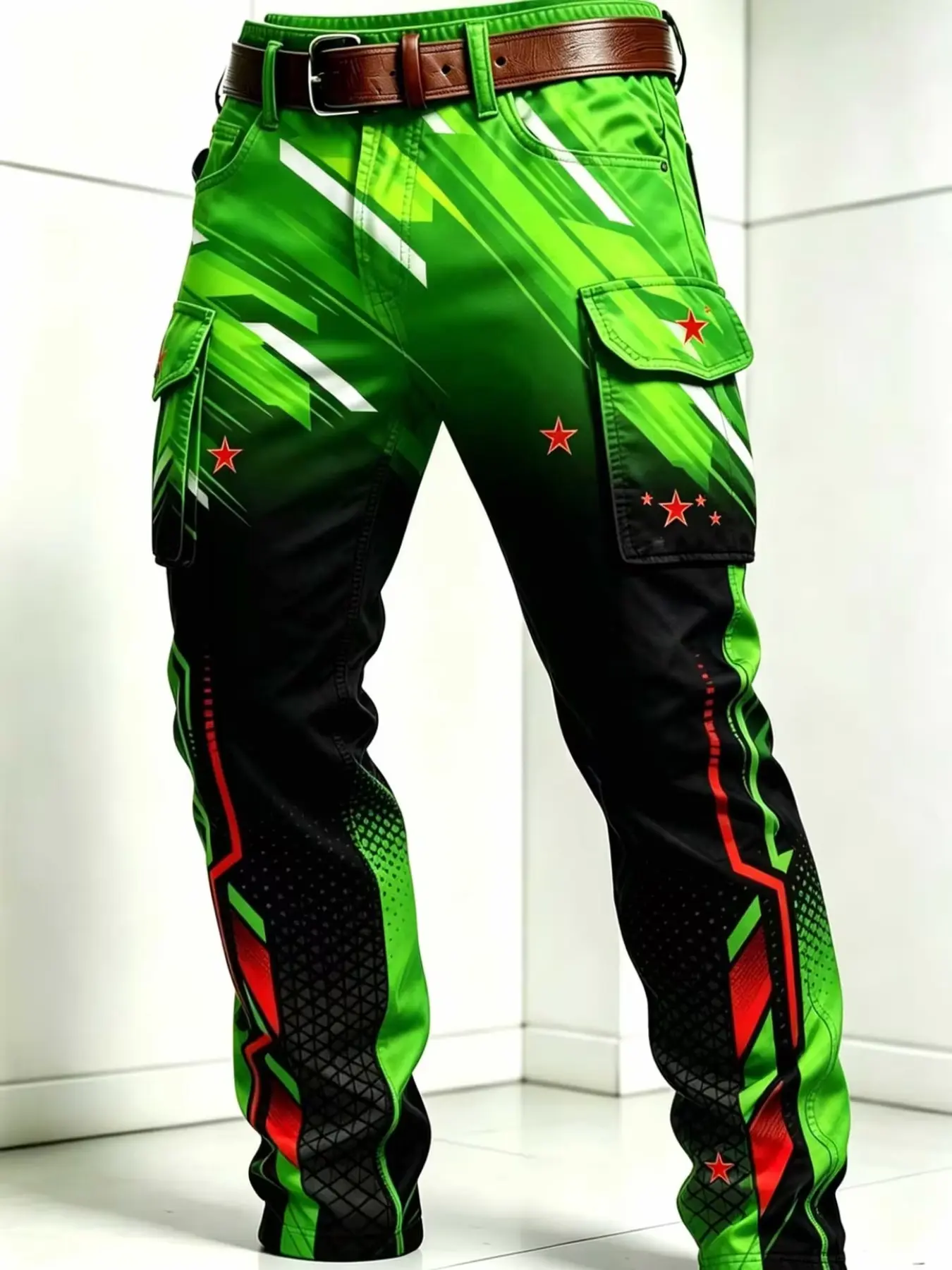 Men's Gradient Star Print Cargo Pants, Motorcycle Racing Style Straight Leg Multi-Pocket Casual Long Pants