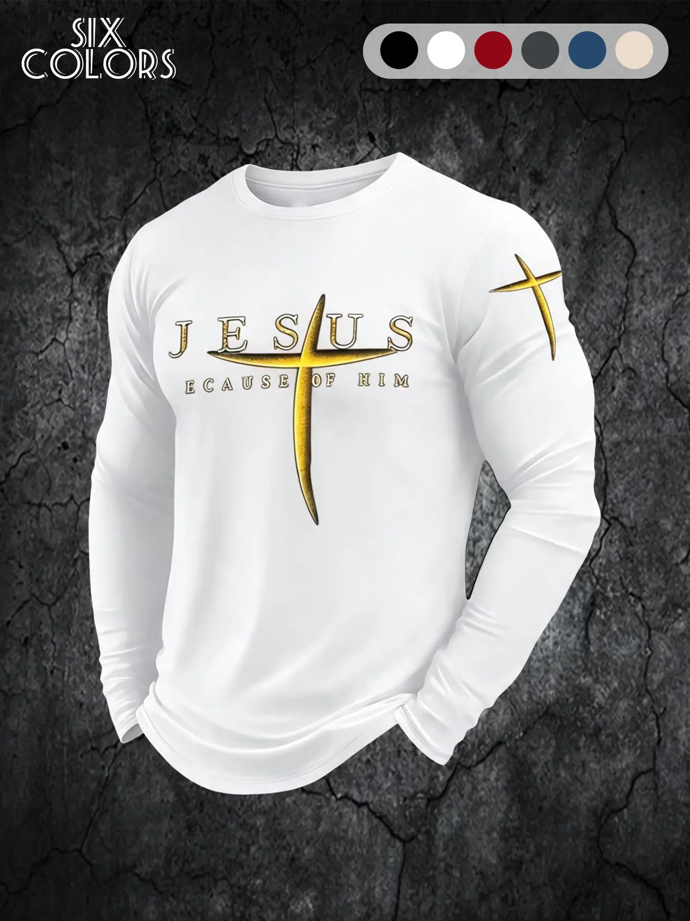 Men's Fitted Long Sleeve T-Shirt, Vintage Jesus Cross Print, Breathable Fabric, Muscle-Defining, Casual Workout Top, Spring & Fall