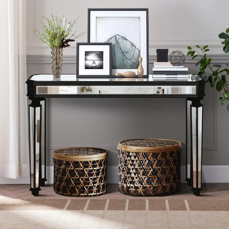 Mirrored Console Table, 48" Rectangle Sofa Table Makeup Table Vanity Desk with Black Vintage Carved Elements, Modern Mirrored Entryway Table Writing Desk for Living Room Bedroom Office