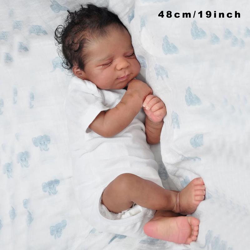 19-Inch Soft Silicone Reborn Baby Doll - Realistic Newborn Bebe Girl with Black Skin, Cloth Body, and Lovely Facial Expression - Ideal Birthday Gift for Kids