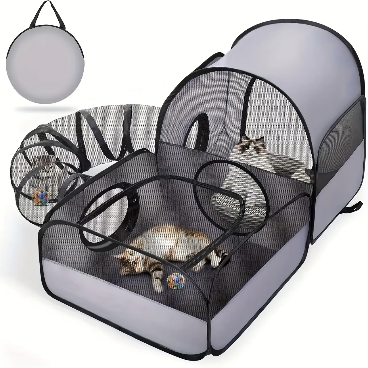 Three-in-one Dog Enclosure with Tunnel Encirclement, Outdoor/indoor Cat Enclosure with Breathable and Soft Sides, Small Animal Cat Enclosure Tent, Portable Cat Tent with Handbag