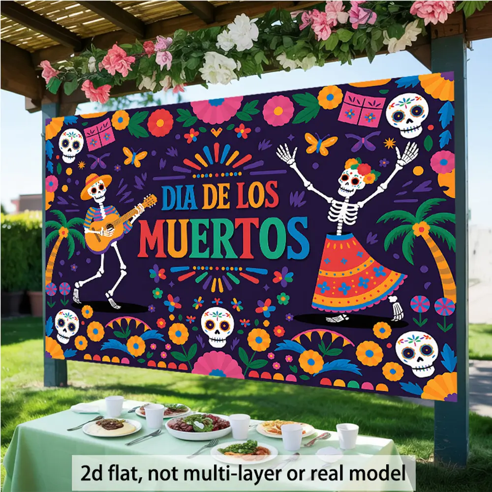 2D Flat Banner Dia De Los Muertos themed HD digitally printed polyester photography backdrop, soft lightweight foldable background cloth, suitable for Day of the Dead parties, event decoration, product photos, portrait shooting, v