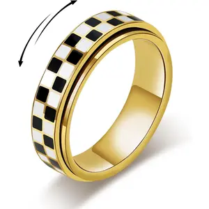 Checkered Fidget Ring for Adults - 18K Gold Plated Stainless Steel Rotating Spinner Jewelry, Anxiety & Stress Relief Gift for Women/Men (Black and White Pattern)fidget toys
