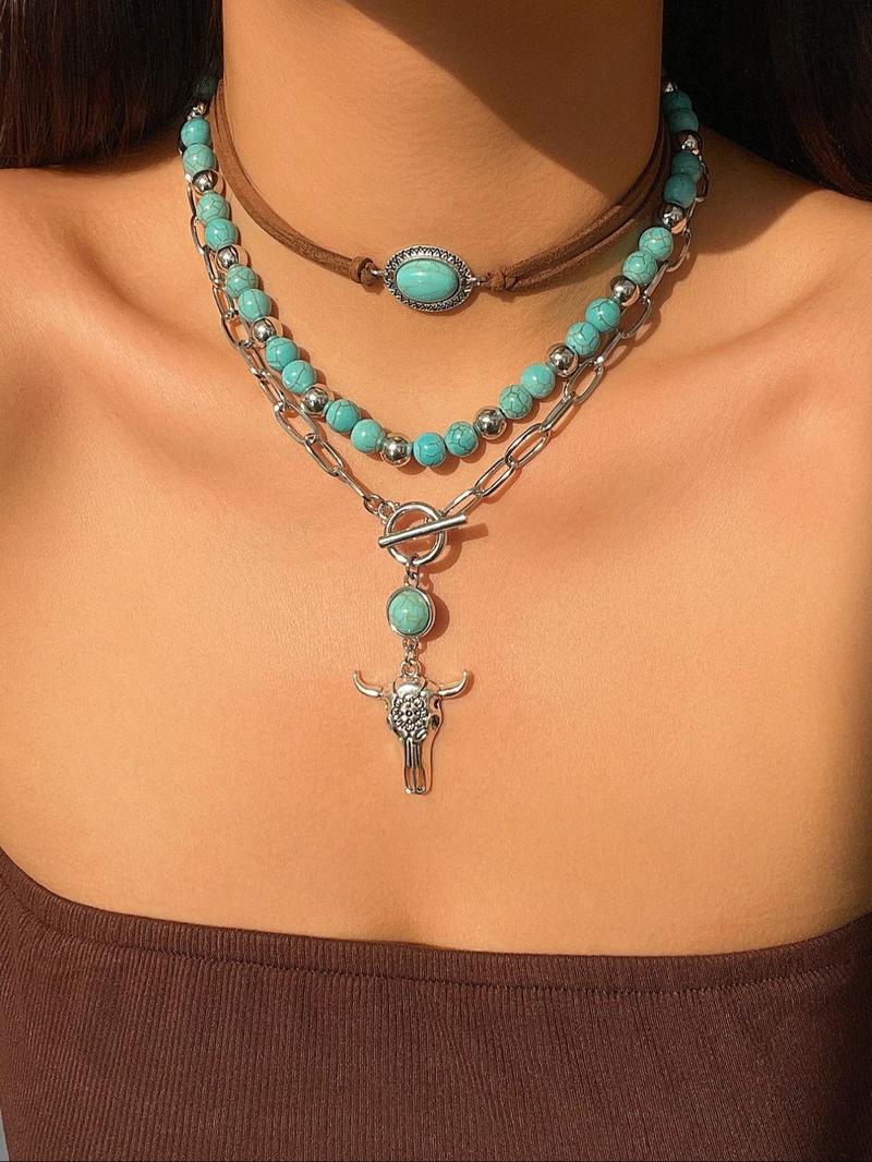 Vintage Cow Head Decor Beaded & Pendant Necklaces, Boho Style Turquoise Decor Necklace for Women & Girls, Party, Daily Clothing Decor, Birthday Gift, Daily Wear Necklace