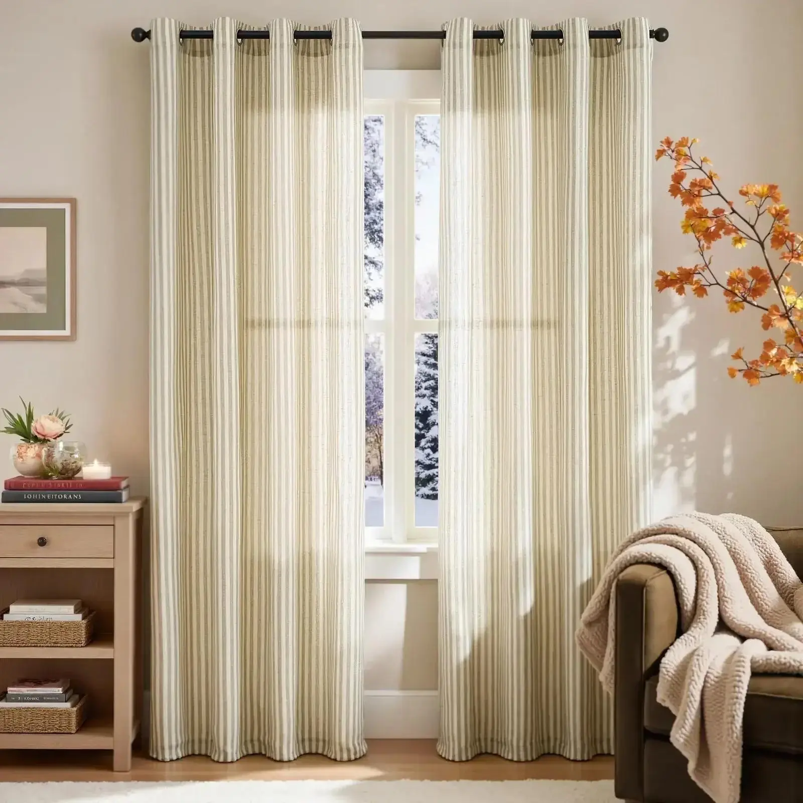 Fine-Striped Linen Blend Grommet Curtains