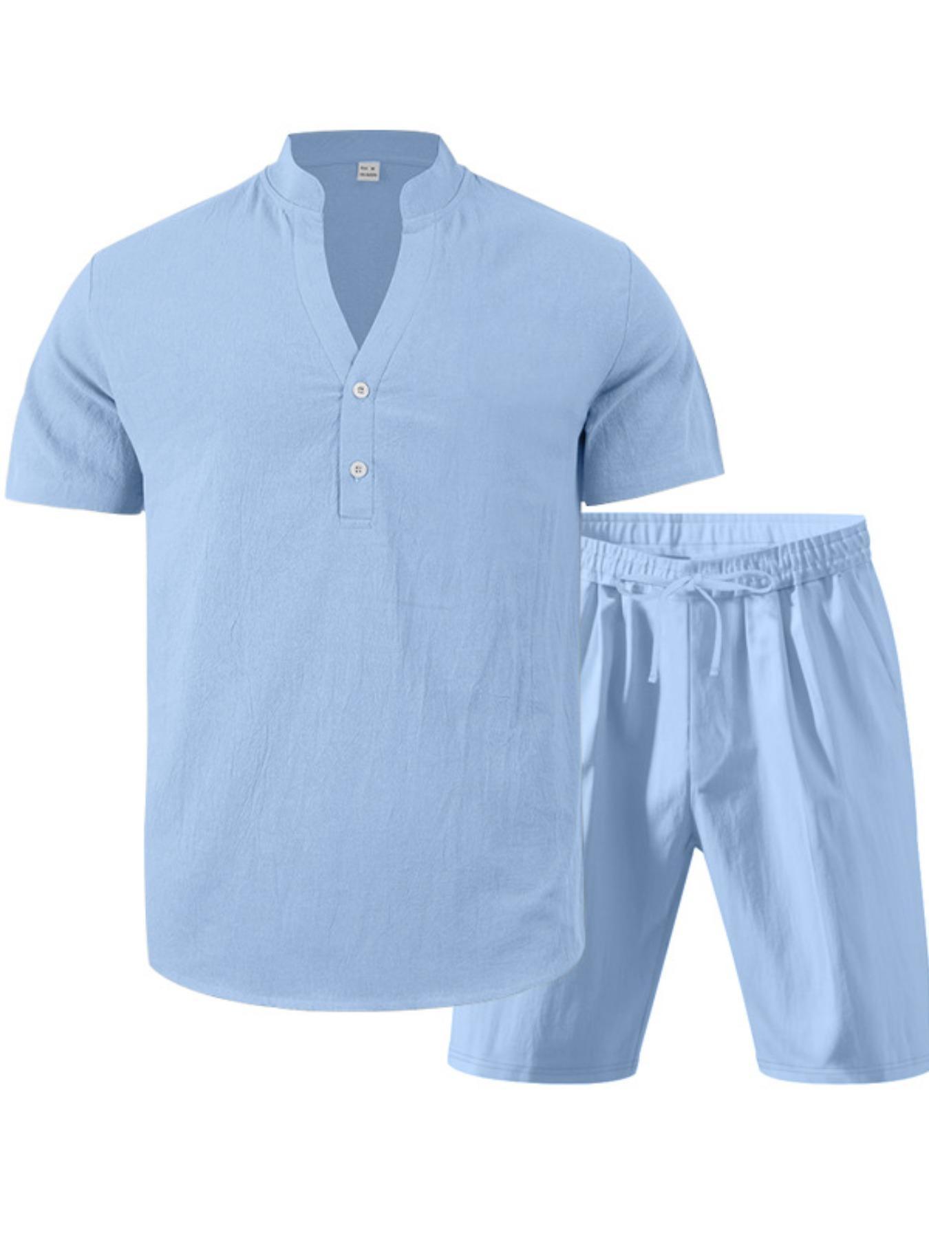 Men's Trendy Casual Linen 2-Piece Set, Henry Neck Shirt & Shorts, Summer Beach Vacation Style, Easy Match for Beach & Daily Wear