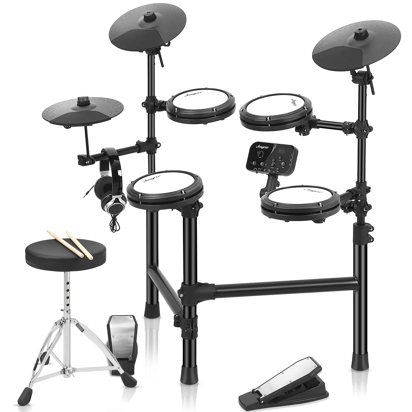 Electric Jazz Drum Kit for Beginners – 4 Quiet Mesh Pads, 150 Sounds, Dual Pedals, Drum Throne, On-Ear Headphones, Drumsticks, USB, Melodics Lessons – Ideal for Adults & Kids