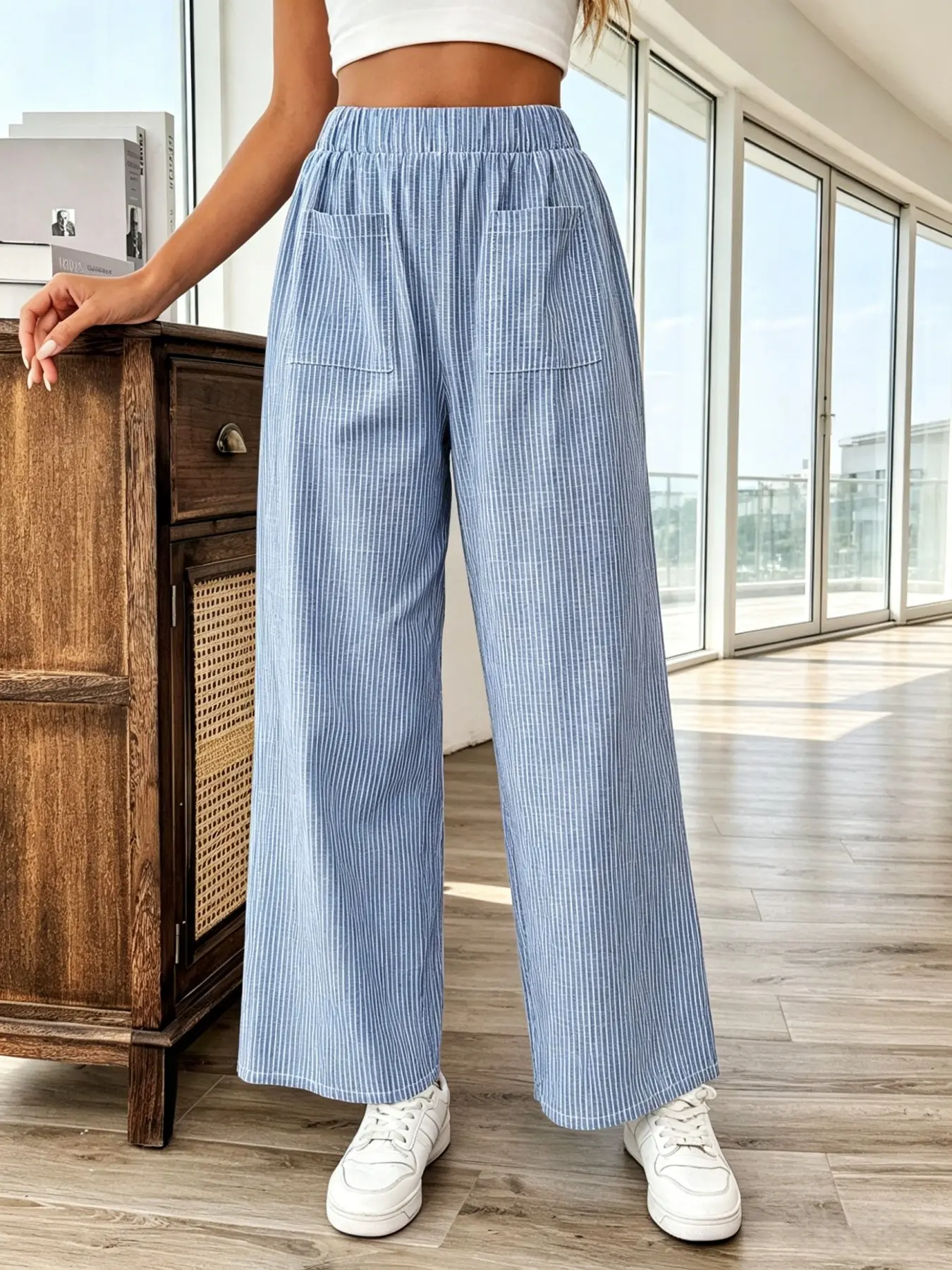 Blue Vertical Striped Linen Wide Leg Cropped Pants Women Elastic High Waist Pocket Casual Loose Trousers Summer Light Striped Wide Leg Ankle Pants Elastic Waist Pockets Daily Beach Vacation Casual Pants