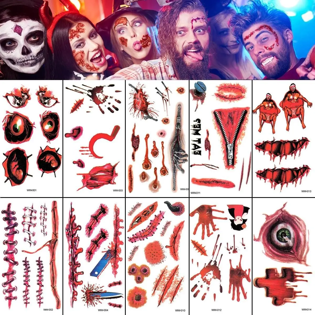 10 Sheets Halloween Fake Scars Fake Wound Temporary Tattoos, Chucky Zombie Makeup Costume Kit, Realistic Halloween Face Fake Stitch Wound Scar Tattoos