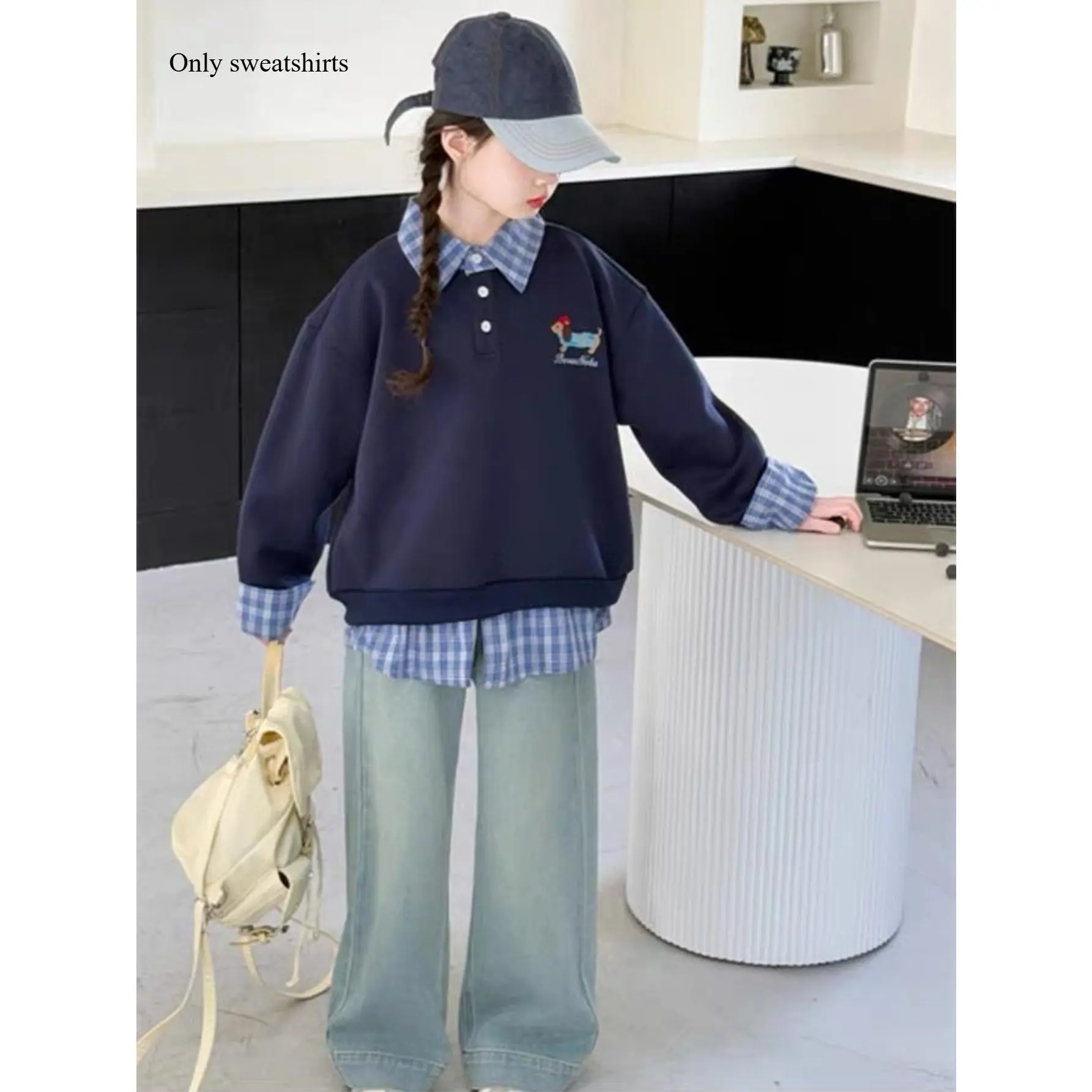 2026 New Girls' Preppy 2-Piece Mock Spliced Sweatshirt - Plaid Patchwork Collar, Cartoon Print, Loose Polo Long Sleeve Tops for Spring & Autumn