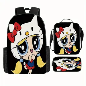 Powerpuff Girls black background with big-eyed cartoon characters printed all over, three-in-one combination backpack, large-capacity shoulder bag, portable insulated lunch bag, zippered stationery pocket, suitable for teenage anime enthusiasts