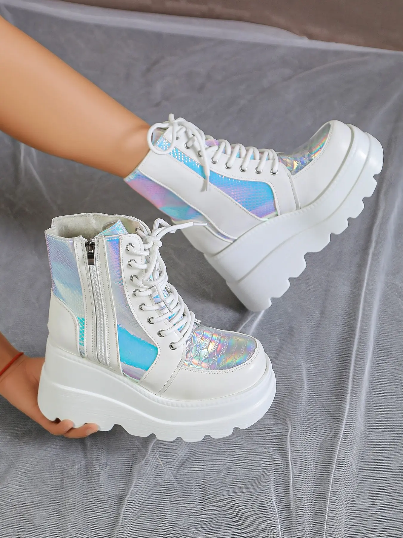 Women's Rainbow Laser Fish Scale Short Boots, Wedge Thick Sole Lace-Up Work Boots, Side Zipper Y2K Style, Tall & Cool Motorcycle Boots