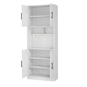 71" Tall Kitchen Pantry Cabinet with LED Lights Farmhouse Kitchen Storage Cabinet with 4 Doors and Open Shelves Reversible Coffee Bar Cabinet Stand Microwave Stand Cupboard Tower Utility Storage Organizer for Dining Room White