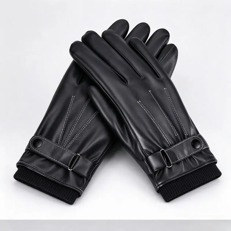 Men's Winter Thick Leather Touch Screen Gloves, Windproof Waterproof Anti-Slip Warm Riding Gloves, Cold Weather Handwear for Cycling & Outdoor Sports