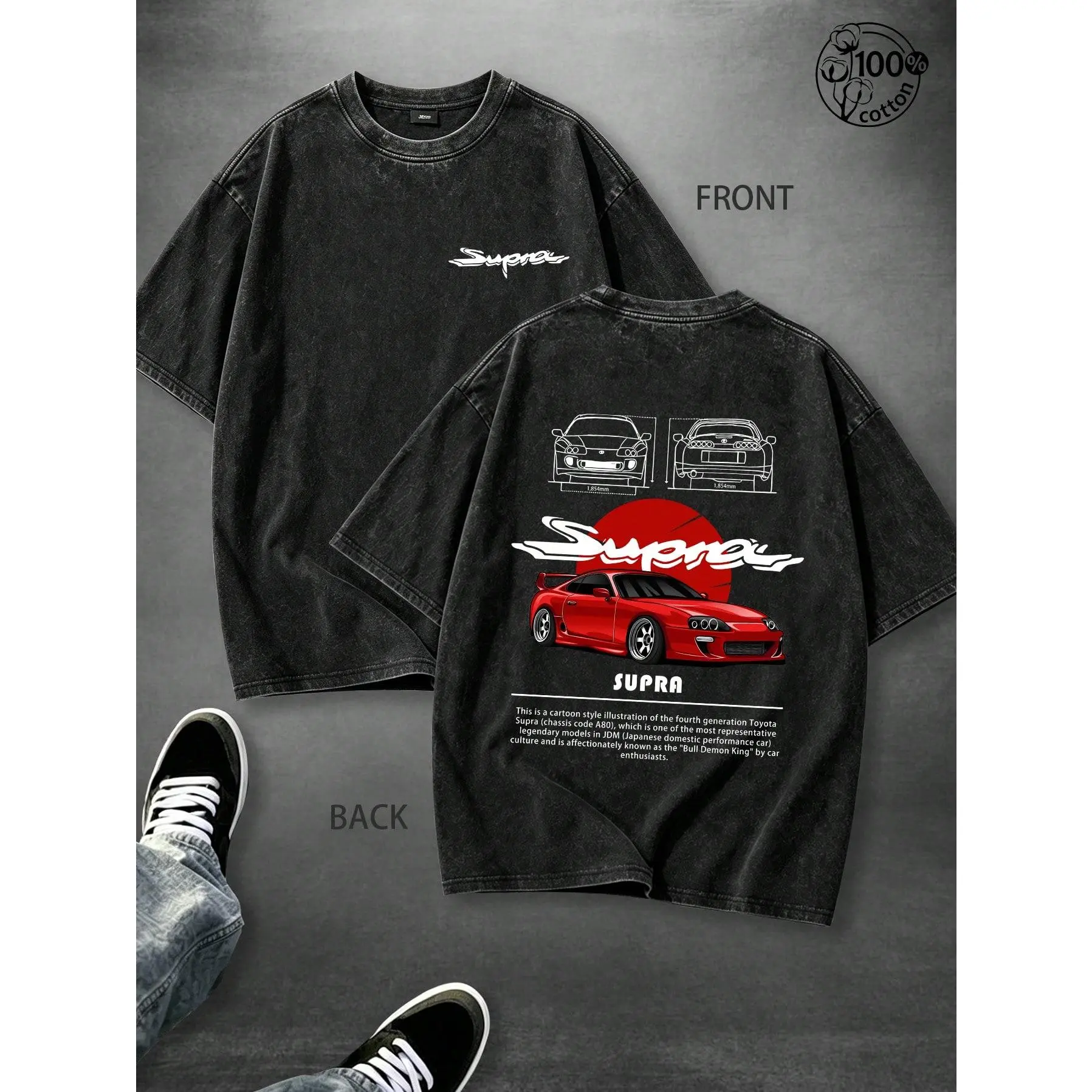 Japanese JDM Sports Car Graphic Tee Vintage Washed Cotton Tshirt Red Turbo Racing Drift Car Back Print Oversized T Shirt Women Short Sleeve Crewneck Top Streetwear Outfit Car Guy Birthday Gift Men Unisex Loose Casual Top