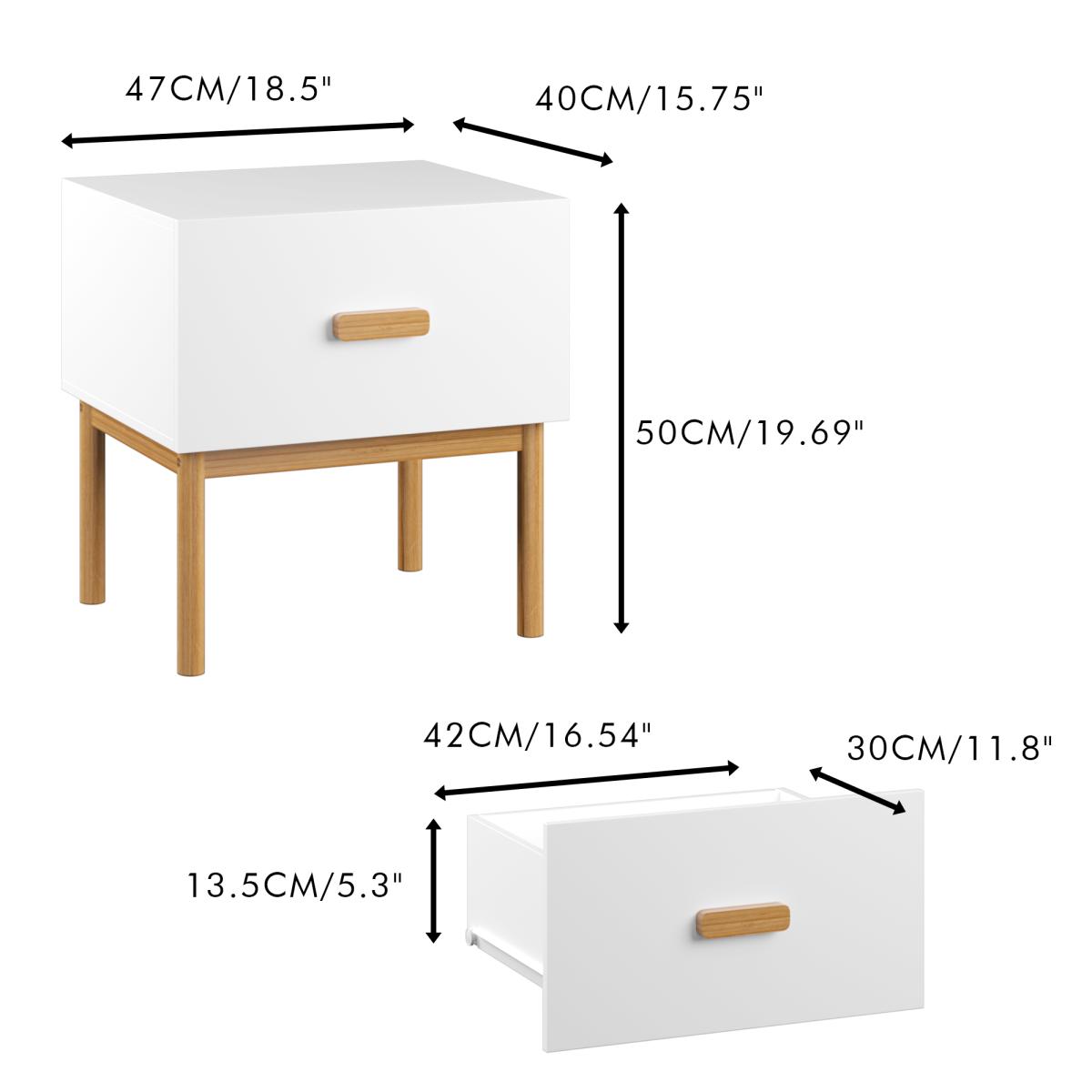 Modern White Nightstand with Drawer and Wood Legs, Minimalist Bedside Table with Handle for Bedroom, Living Room, Apartment
