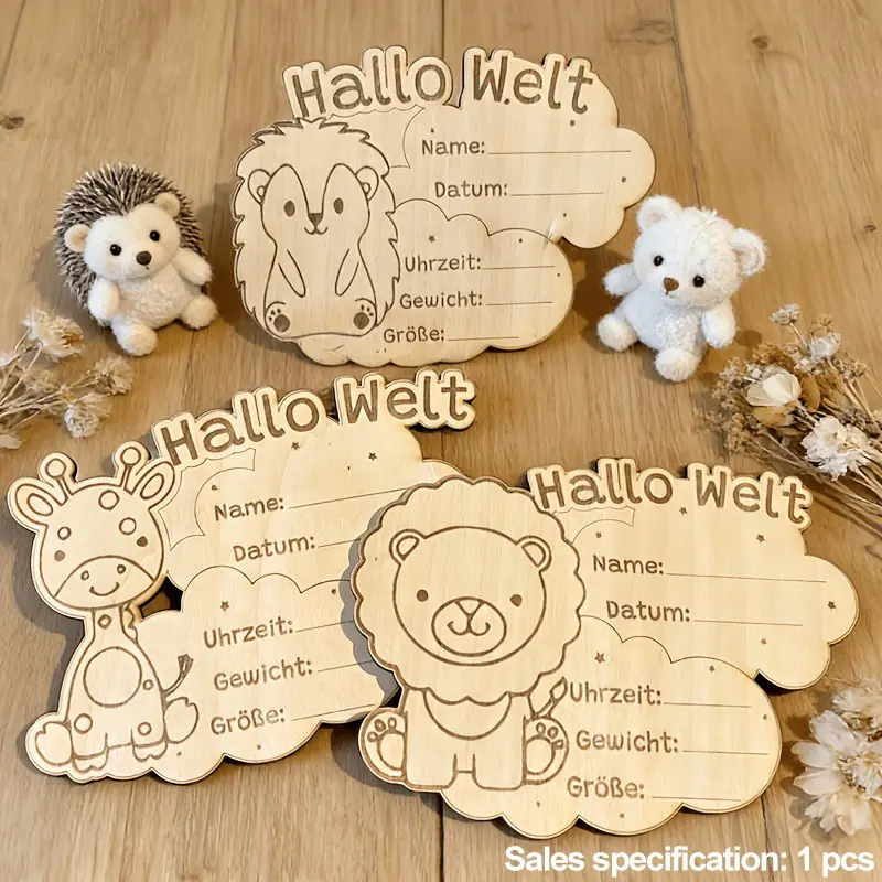 Hallo Welt wooden birth announcement board, wooden sign, baby welcome board, welcome decoration, Decorative plaque, newborn party gift, newborn birth record wooden plaque, baptism gift, birth date height and weight gift, photography props.