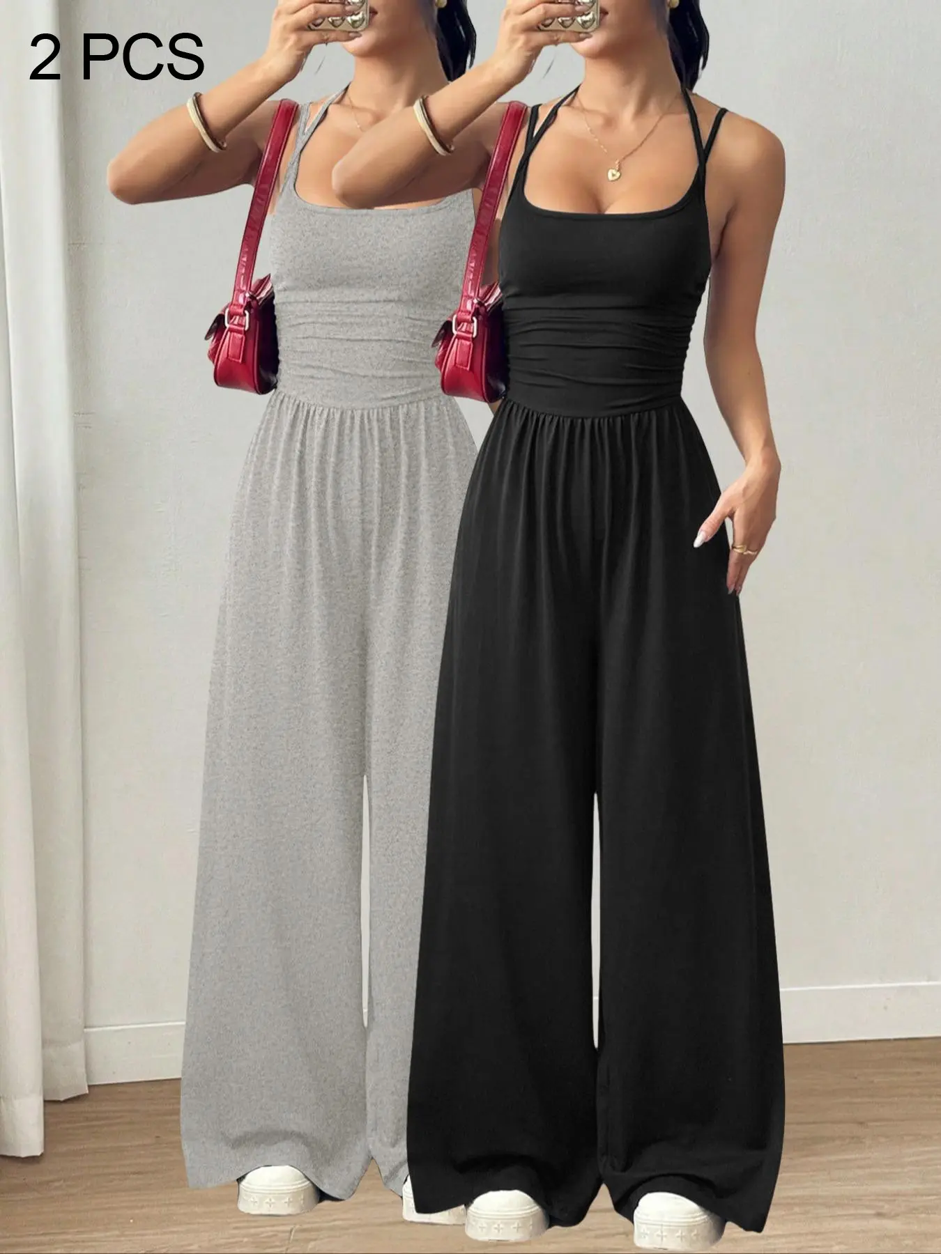 1/2 Document Women's Spring Summer Casual Adjustable Strap Jumpsuit, Loose Straight Leg Waist Cinch, Comfortable Fashion Daily Wear Shopping, Dating