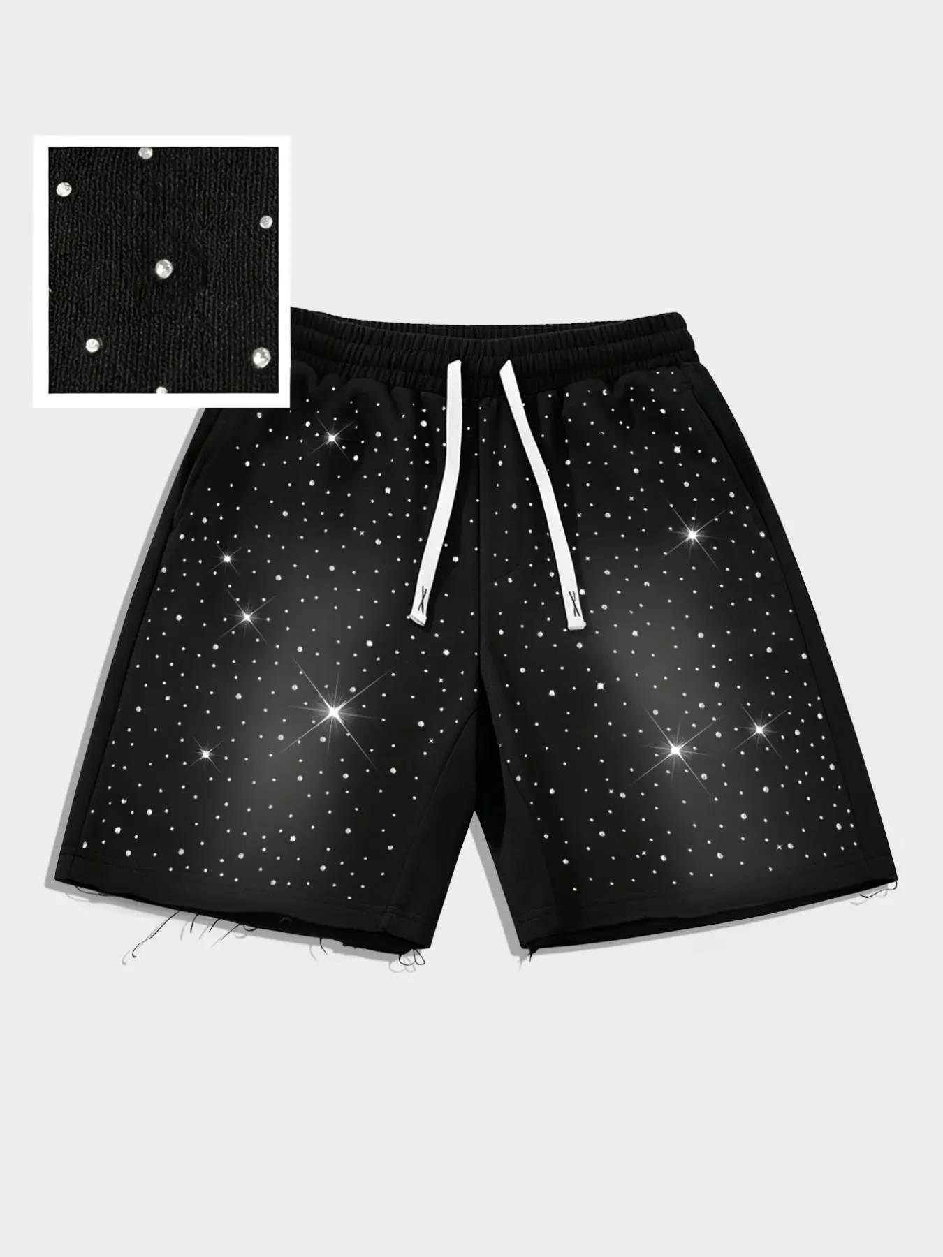 Men's Summer Casual Shorts, Casual Summer Bottoms, Graphic Print Shorts, Rhinestone All over Print, Drawstring Waist, Knee Length, Comfortable Fabric, Drawstring Waistband Shorts, Perfect for Nightclubs and Parties