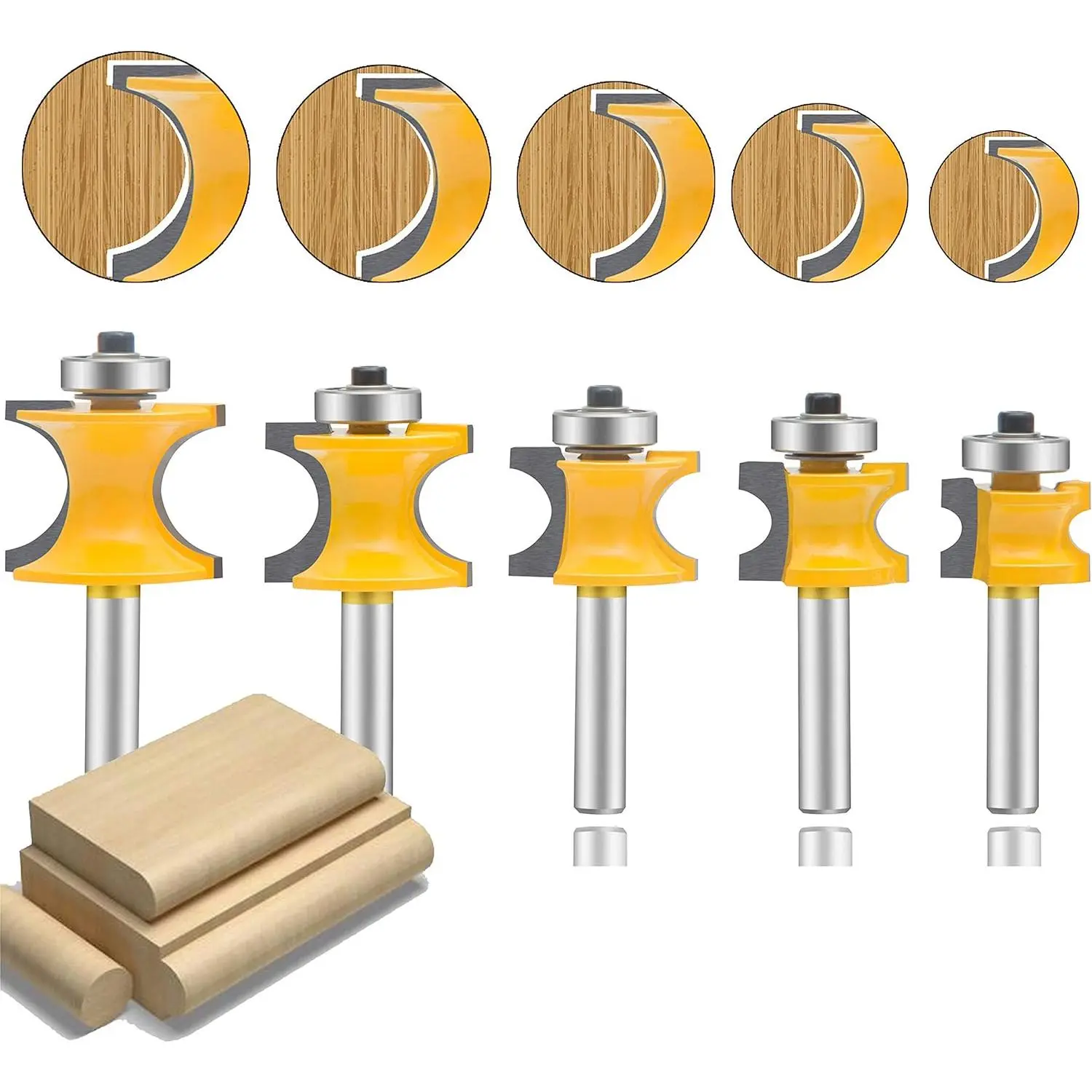 5-Count C3-Grain Tungsten Carbide Bullnose Router Bit Set, 1/4-Inch Straight Shank Double Flute Tool with Anti-Kickback Design, 1/4-Inch Bit for Particle Board Grooving & Edging, Compatible with Table-Mounted Portable Routers