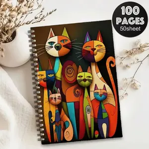 Abstract Cat Coil Notebook, Hand Account Diary, Classroom Notes, Work To-Do List, Art Cover, Decorative and Practical, Ideal for Note-Taking