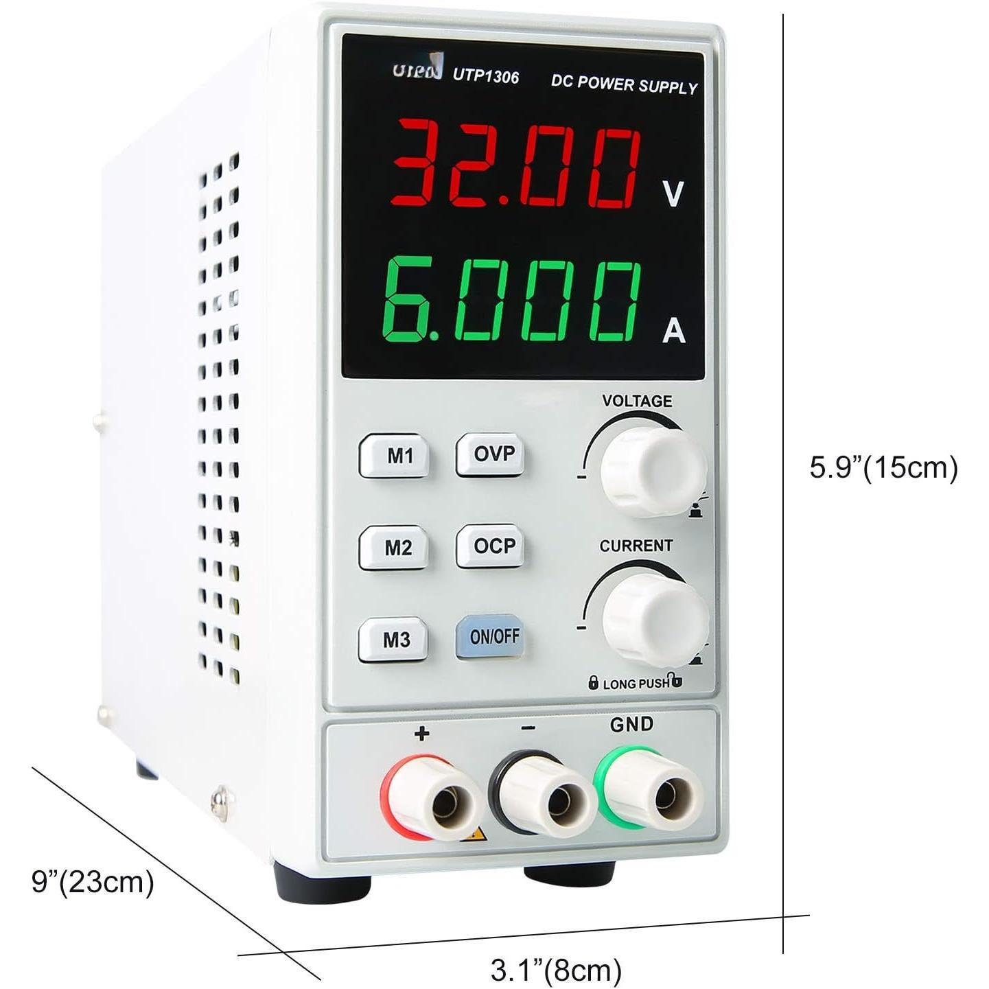 DC Power  Variable Adjustable Bench Power  Switching Regulated 32V 6A OVP OCP OTP 4 Digits LED Display with Plug Adapter Power Cord Output Cables UTP1306