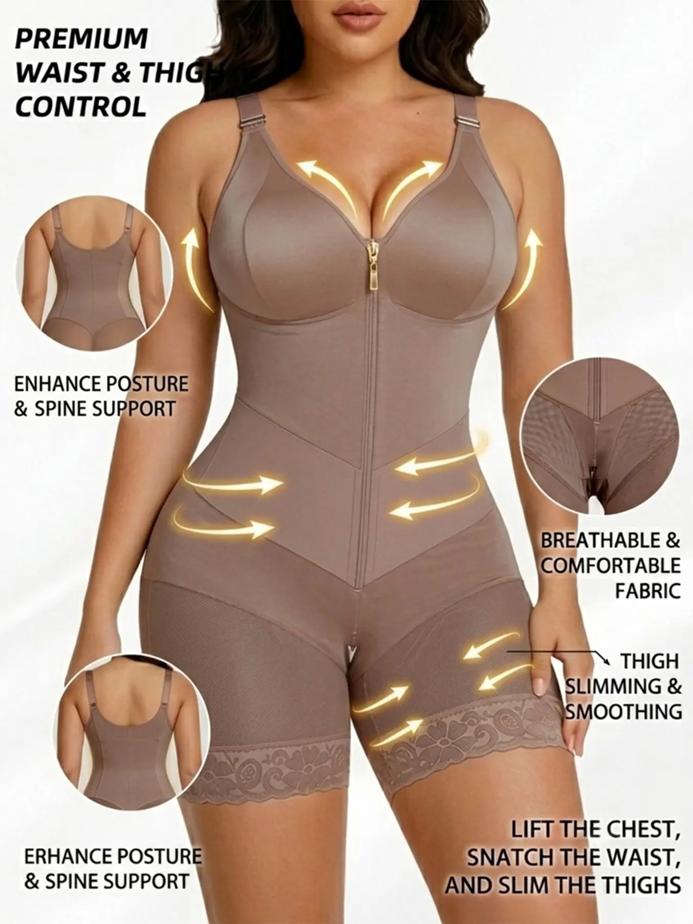 Women's High Elastic Zipper Shapewear Bodysuit, Waist Cinch Belly Lift Butt Lifting, Adjustable Straps, Breathable Smooth Yoga Fitness, Summer Tank Top, Casual Vacation Wear