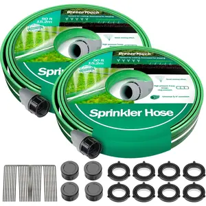 2X50FT Sprinkler Hoses for Lawn, Three-Tube Flat Sprinkler Hose with Holes, Heavy Duty Soaker Hose for Garden with U-Shaped Stakes, Flexible Irrigation Hose for Yard