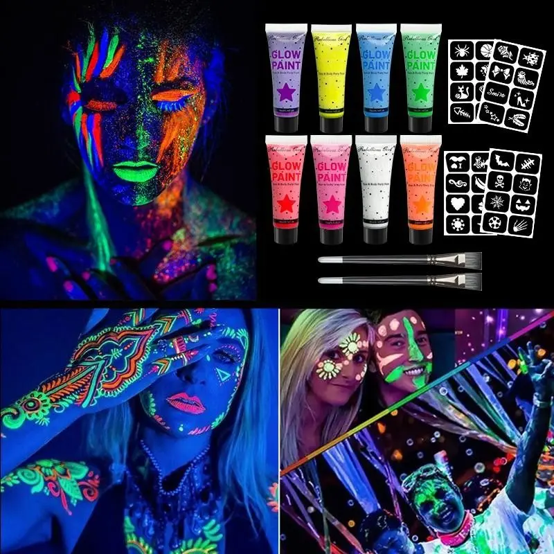 8 Color Glow Face Paint Set, Halloween Party Makeup Kit, Includes Glow Paints, Tattoo Stickers, Brushes, Perfect for Cosplay and Photography