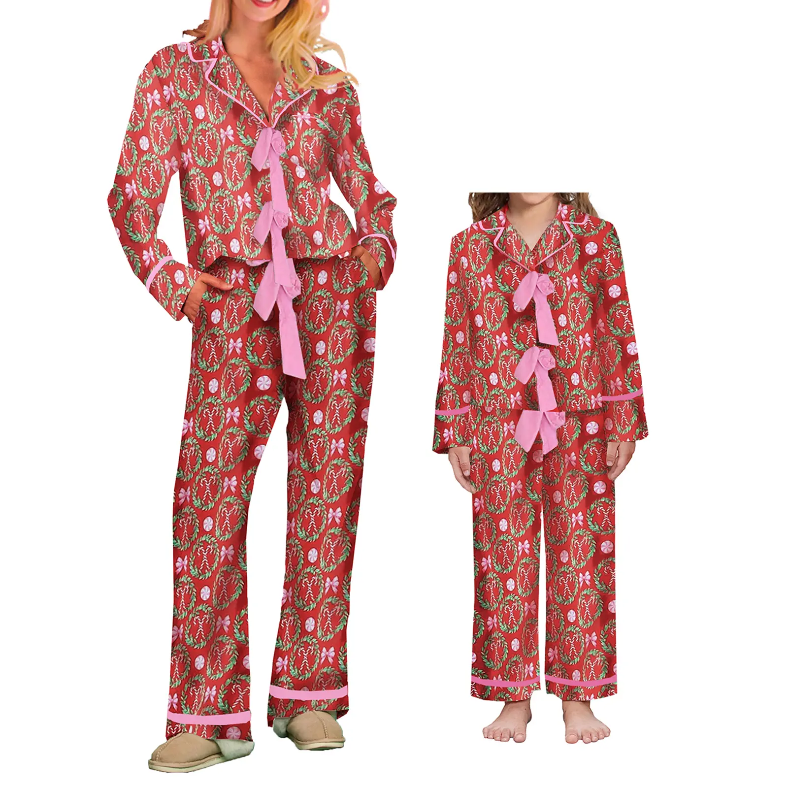 Family Matching 2-Piece Sleepwear Sets - Longsleeves Tie-Front Tops & Long Pants with Candy Cane Wreath Print for Baby & Maternity Family Wear (Baby & Maternity Sleepwear)