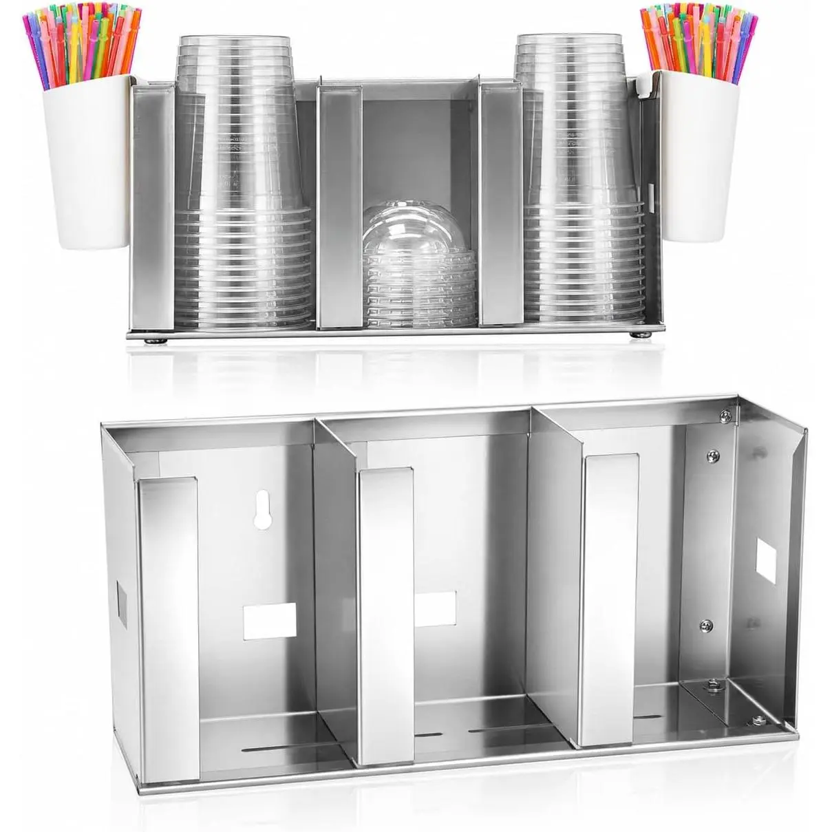 Adjustable Stainless Steel Cup & Lid Holder - 3 Compartments, 32 oz Cup Dispenser for Restaurant, Straw Organizer Commercial Cup Holder, 304 Stainless Steel Lid Dispenser
