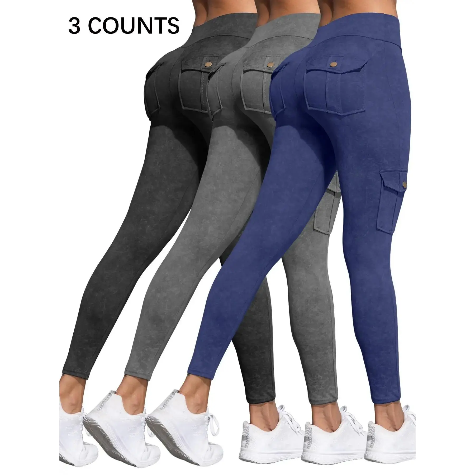 Women's Denim-effect Print Leggings with Pockets, Casual Comfy High Stretch Skinny Pants for Daily Wear, Ladies Bottoms for All Seasons