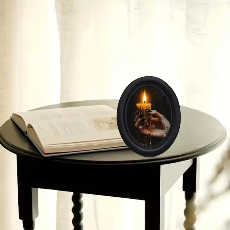 Vintage Gothic Candle Holder Oval Decoration, Armor Lace Hands Holding Melting Wax, Dark Oil Painting Atmosphere, Oval Frame