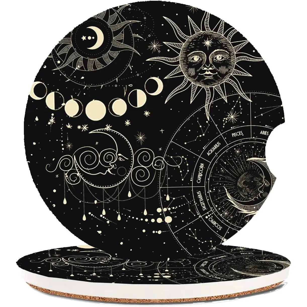 Absorbent  Coasters 2 Pack for Cup Holders, 2.56" Ceramic Stone & Non-Scratch Cork Base Drink Coasters(Moon and Sun)