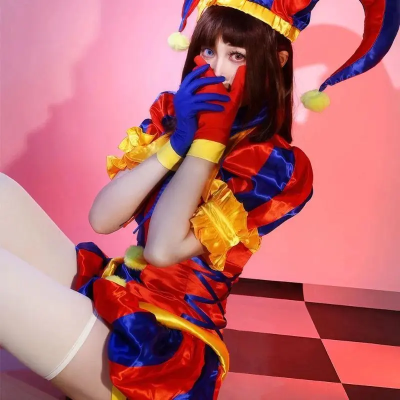 Adult Women Clown Cosplay Costume Jester Costume Blue Red Jumpsuit and Hat with Gloves Socks Christmas Halloween Party Costumes
