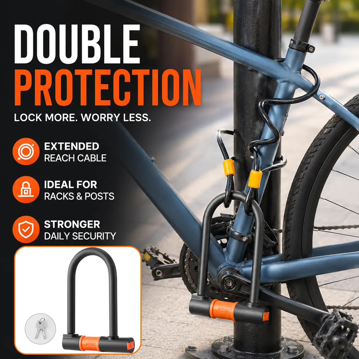 Heavy Duty Bicycle U Lock Set, Portable Anti-Theft Bike Lock with 2 Keys, Reinforced Alloy Steel Shackle, Scratch Resistant Silicone Sleeve and Optional Steel Cable for Road Bike, Mountain Bike, E-Bike, Scooter, Fence, Rack and Outdoor Parking