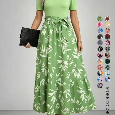 Women's Vintage Floral Patchwork Long Dress, Puff Sleeve Round Neck, Tie Waist, Casual & Party Wear, Floral Print Dresses