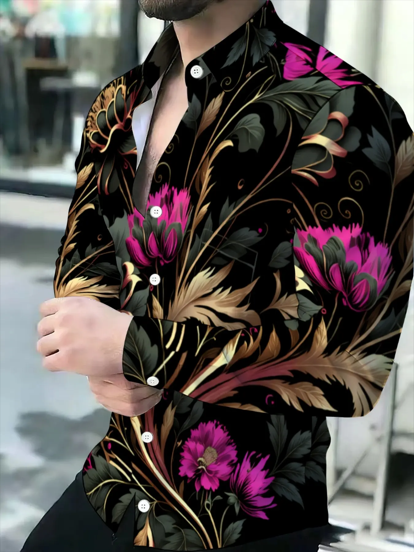 Men's Casual Long Sleeve Shirt, Trendy Color Matching Fashion Print Design, Fashion Long Sleeve Casual Top for Men