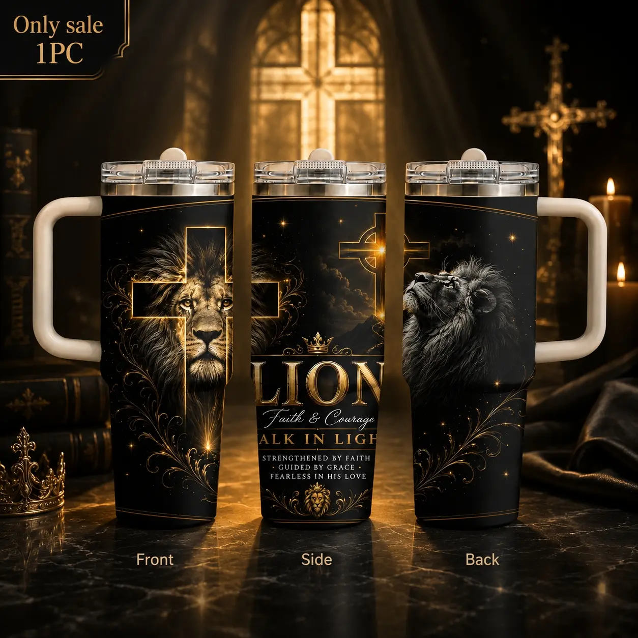 Christ the Cross Lion Tiger Wolf Vacuum Flasks 40oz 3rd Gen Vacuum Insulated Tumbler with Handle & Straw Lid, Leak-Proof Stainless Steel Travel Mug for Water, Coffee, Gym, Office, Car Cup Holder