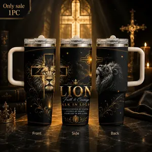 Christ the Cross Lion Tiger Wolf Vacuum Flasks 40oz 3rd Gen Vacuum Insulated Tumbler with Handle & Straw Lid, Leak-Proof Stainless Steel Travel Mug for Water, Coffee, Gym, Office, Car Cup Holder