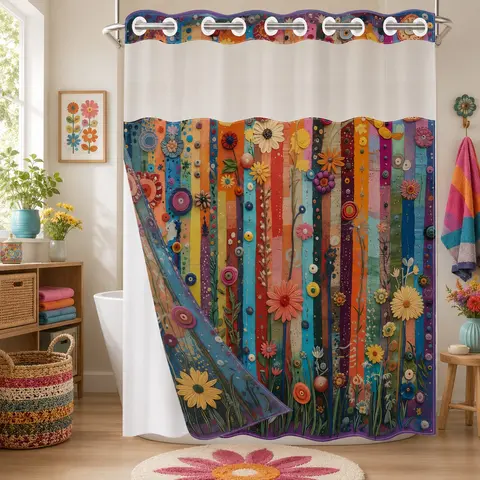 1PC/4PCS 2D Flat Printing Striped Floral Shower Curtain, Floral Shower Curtains For Bathroom, Printed Shower Curtain, home bathroom decor accessories, shower curtain set with 12 hooks, non-slip bathroom rug, U-shaped toilet seat cover