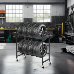 Adjustable Tire Storage Rack, 45" x 18" x 41" Rolling Tire Organizer with Locking Casters, Heavy Duty Steel Tire Rack for Garage, Auto Shop, Basement, Black