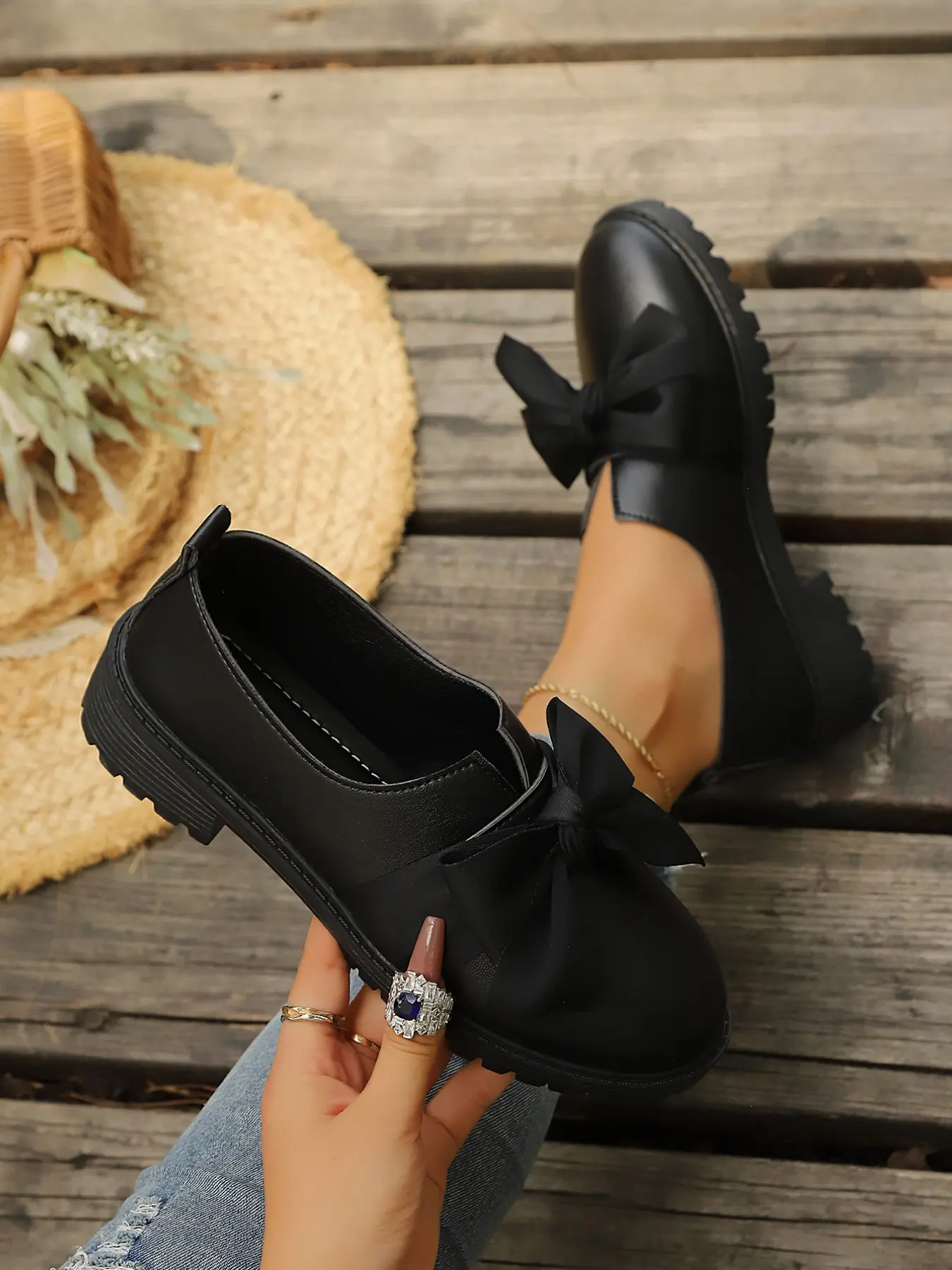 Women Vintage Bow Decor Loafers, Soft Leather Round Toe, Low Block Heel Oxford Shoes, Preppy Jk Uniform, Daily Casual Flat Shoes