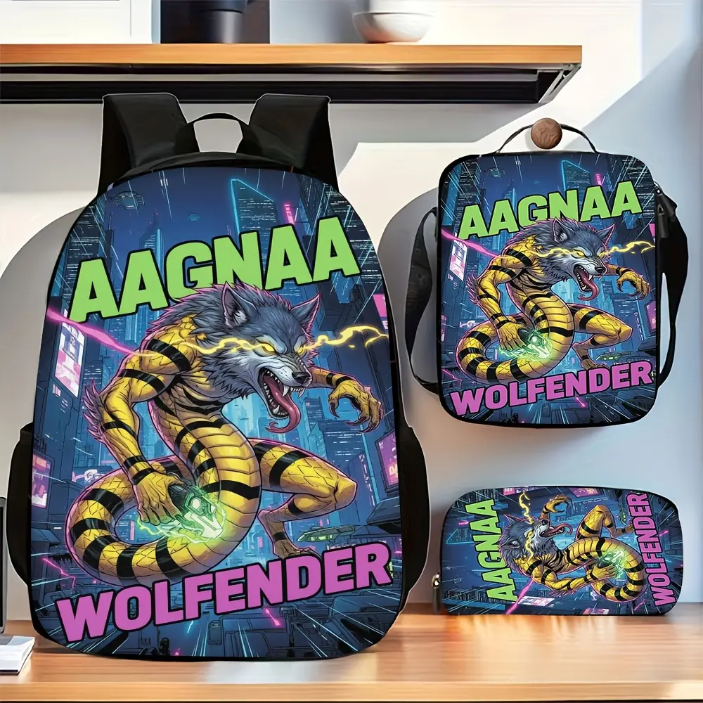 This 3-piece printed fantasy monster backpack set includes a lunch bag and pencil case, adjustable shoulder straps, washable material, and large capacity. bookbag