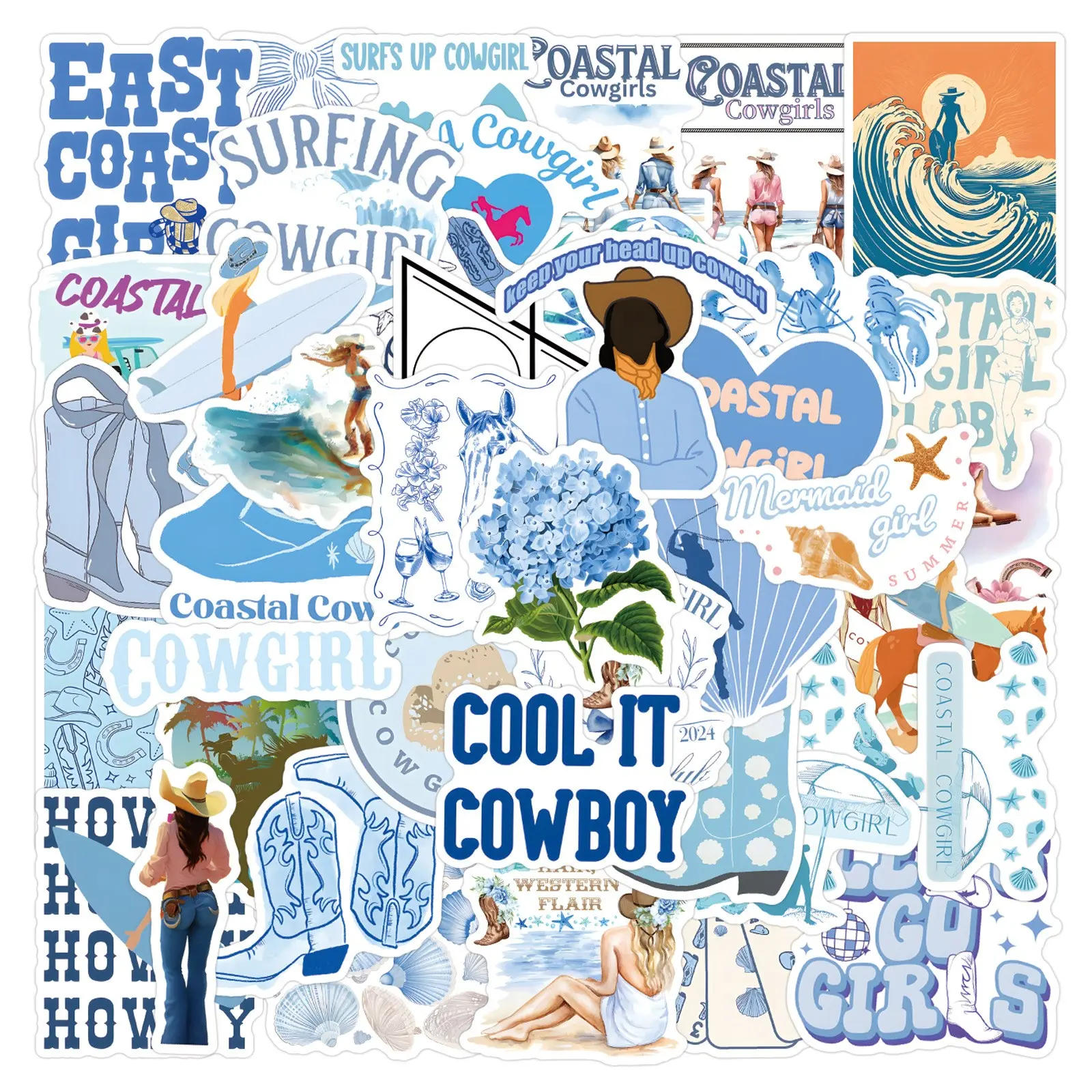 55 New Coastal Cowgirl Graffiti Stickers, Waterproof Car Luggage Cup Phone Case Stickers, Unique Personalized Decals, 55 Pieces Set