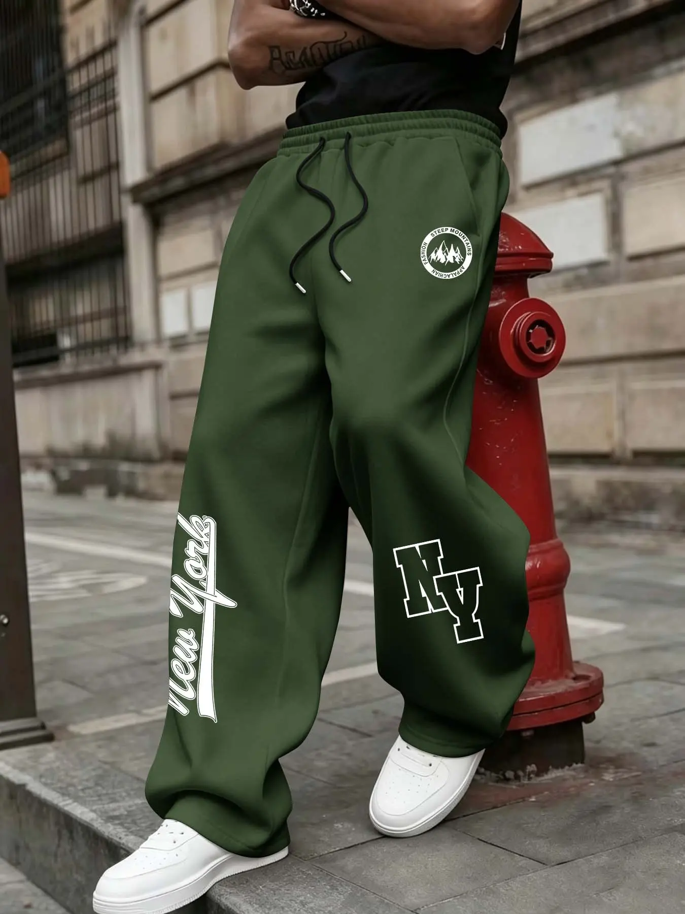 Men's Wide Leg Sweatpants, Nyc Theme Print, Loose Fit Drawstring Long Pants, Casual Fall & Winter Streetwear, High-Waisted Sportswear