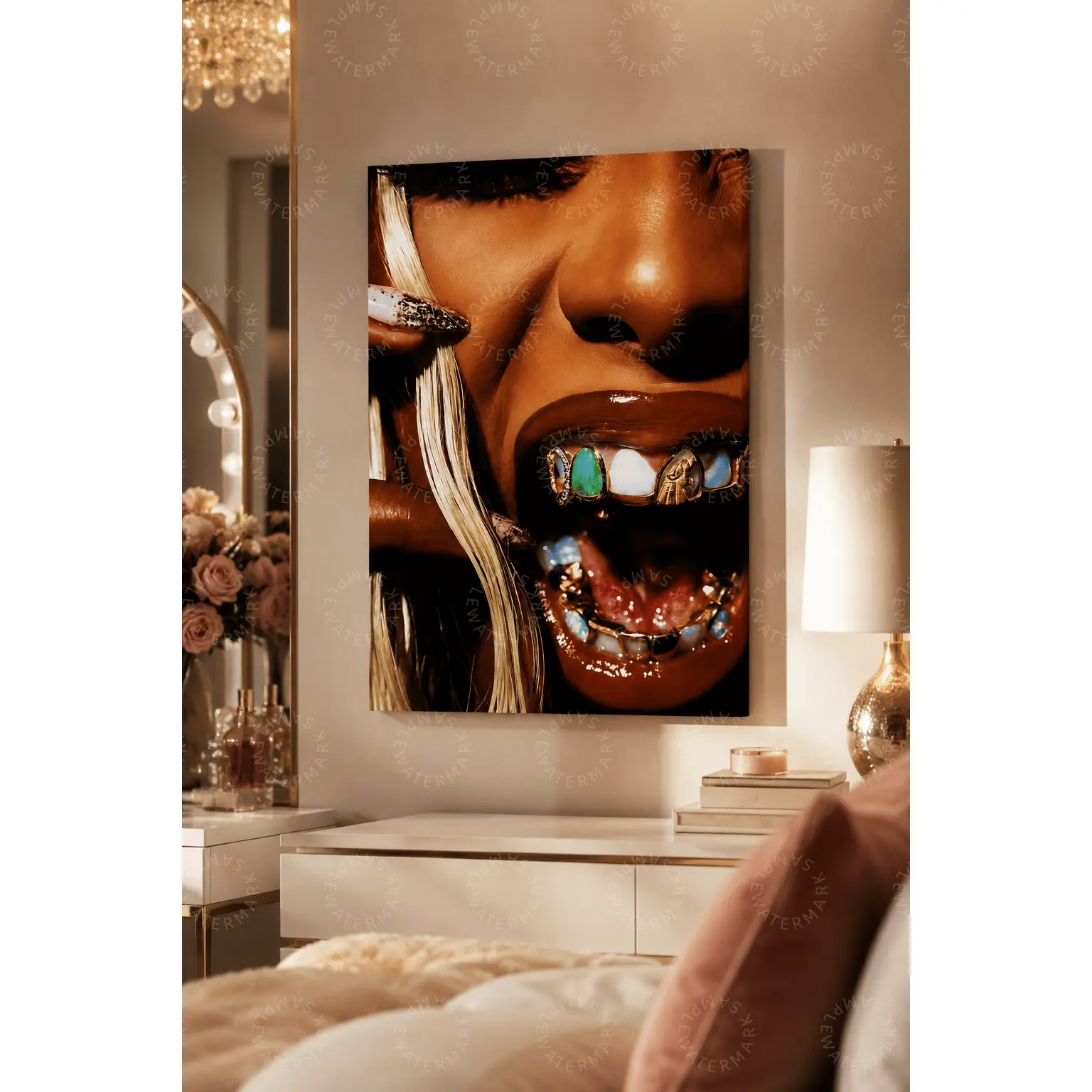 Glam Grillz Lips Wall Art, Gold and Turquoise Dental Jewelry Aesthetic Poster, Bold Feminine Fashion Canvas Print, Bedroom Wall Decor, Beauty Room Art, Salon Decor, Makeup Lover Gift
